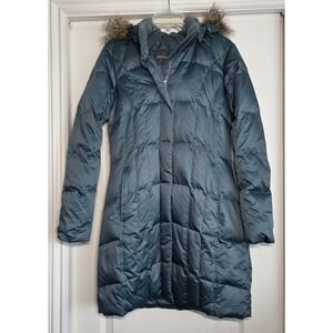 Eddie Bauer Down Coat Teal Blue Hooded Faux Fur Trim Winter Parka Size S Knee‎